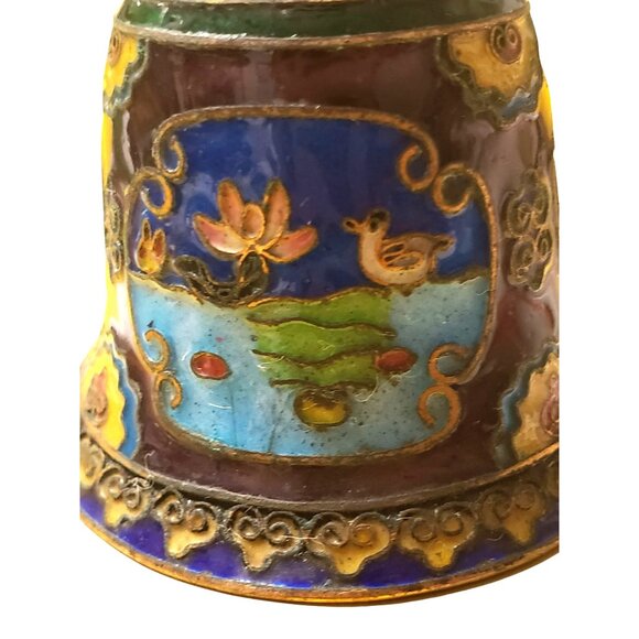 Vintage Cloisonné Enamel Bell With Intricate Floral & Bird Design Purple Blue - Picture 5 of 12